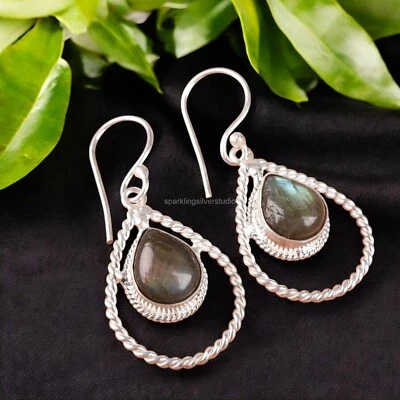 Pendientes colgantes de plata esterlina 925 con piedra de labradorita Art Deco esposa joyería Foto 1 de 4