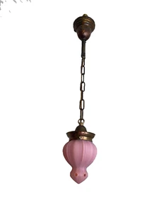 1910-20s brass pendant fixture with art glass gas shade - Picture 1 of 15