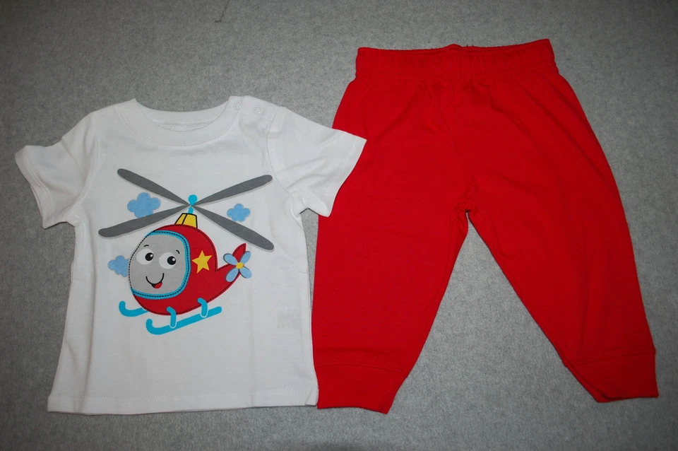 Baby Boys Outfit S/S TEE SHIRT White HELICOPTER w/ FACE Red Knit Pants 6-9 MO - Image 1 of 1