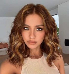 Brown Highlight Short Wavy Human Hair Wig Honey Blonde Curly Wavy Lace Front Wig - Picture 1 of 9