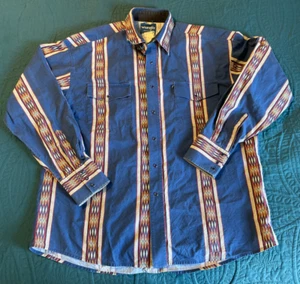 Vintage Brush Popper Wrangler Western Pearl Snap Langarm Aztekenblau 2XL - Bild 1 von 24