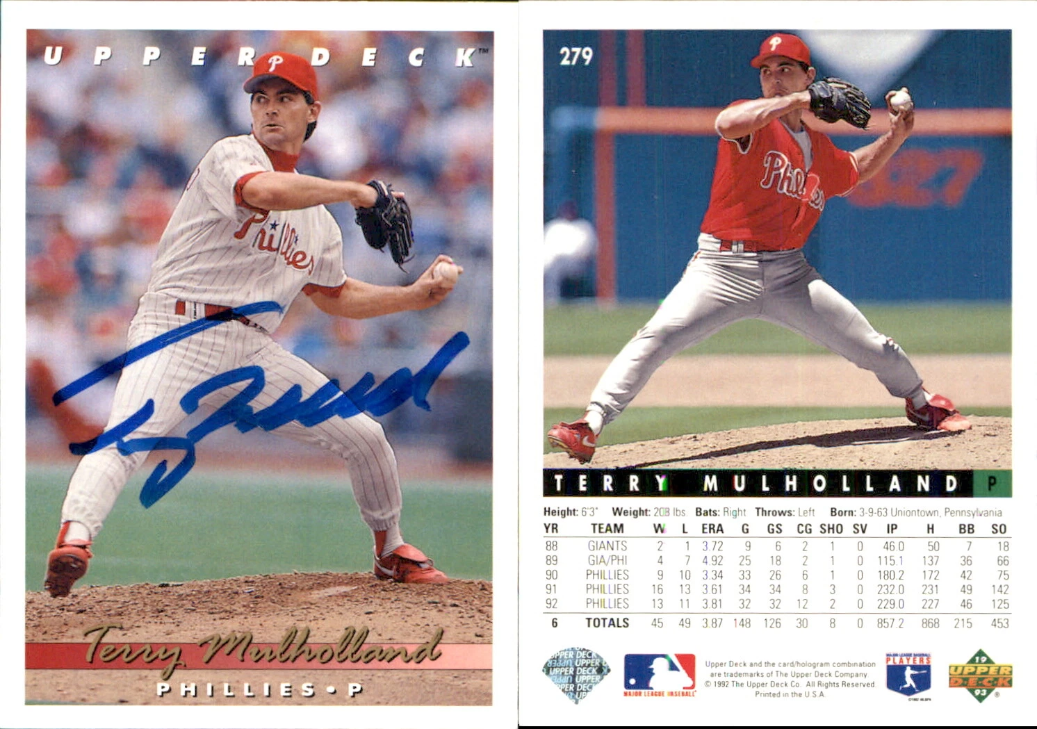 Terry Mulholland Signed 1993 Upper Deck #279 Card Philadelphia Phillies Auto AU