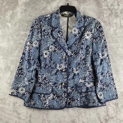 Blazer Eddie Bauer 10 Azul Blanco Floral Mezcla de Lino Manga 3/4 Trabajo Viaje Foto 1 de 4