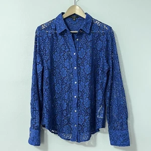 J Crew Blouse Womens 16 Blue Floral Lace Sheer Button Down Long Sleeve - Picture 1 of 11