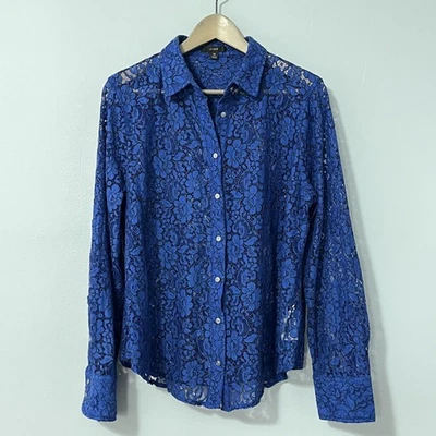 Blusa J Crew para mujer 16 azul floral encaje transparente con botones manga larga Foto 1 de 4