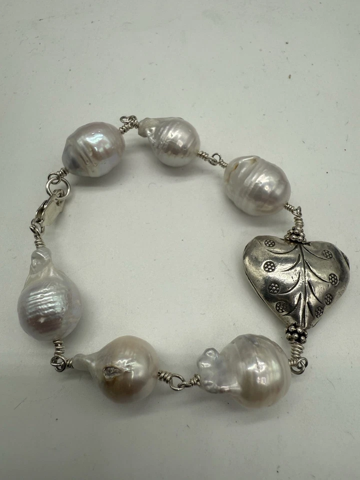 Pulsera de plata de ley 925 corazón y perlas barrocas talla 8 hecha a mano 25,28 g ☼ Foto 1 de 4
