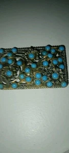 Art Deco Blue Rhinestone & Flowers Silverish Vtg Pin Brooch 2"X1 1/2" F11 - Picture 1 of 6