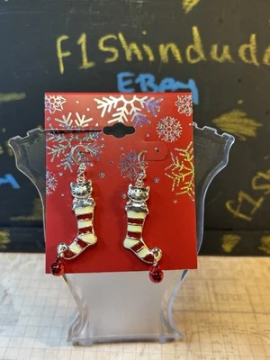 NOC Christmas Cat Kitten in Stockings Earrings-Enamel Pierced 1 1/2" Dangle NEW! - Image 1 of 4