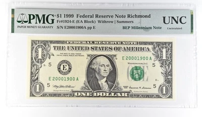 1999 $1 Richmond VA FRN Fr#1924-E BEP Millennium PMG Fancy Serial *8088 - Image 1 of 3