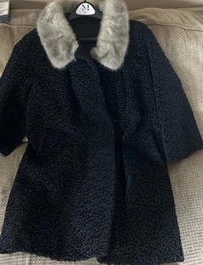 Vtg Astrakin Fur Trim Swing Coat Black ,Fur Collar 60s Luxury - Picture 1 of 6
