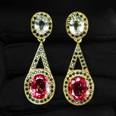 Orecchini aureola in argento sterling 925 oro 24 carati due pietre zaffiro... - Immagine 1 di 4