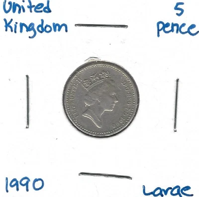 1990, 5 Pence, Elizabeth II, circulated (COIN, MONEY, COLLECTIBLE) - Image 1 of 3