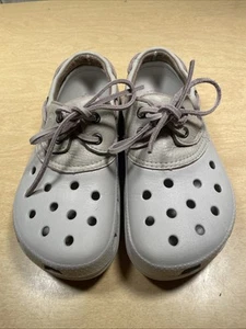 Crocs Boat Shoes Men 6 Women 8 Crew Islander Shoes Beige Leather Rubber - Picture 1 of 12