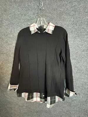 Suéter Foxcroft para mujer pequeño en capas ribete a cuadros negro rejilla tejido manga larga Foto 1 de 4