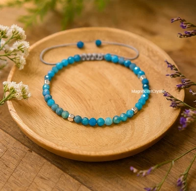 Apatite Bracelet Blue Stone Crystal Jewelry Healing Women Gemstone Birthday Gift - Image 1 of 4