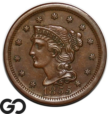 Centavo grande 1855, cabello trenzado, inclinado 5's, elección UNC+ Foto 1 de 2