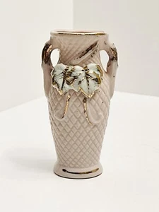 Vaso vintage con gemme a due manici porcellana giapponese rosa e oro motivo tessitura - Foto 1 di 10