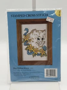 Cross Stitch Cat Blue Ribbon Kitten Stamped Embroidery Kit Candamar 3E 2005 - Picture 1 of 2