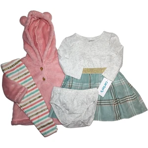 Carter's Baby Girl Outfit Lot Dress Sz 6 Mos Glitter Stripe Leggings Hooded - Picture 1 of 4