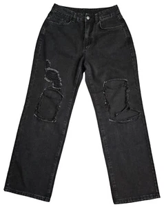 Shein Destroyed Knie schwarz Denim Jeans Größe 6 hoher Bund Baggy Skater Emo - Bild 1 von 8