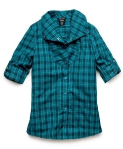 Oakley Womens Teal Plaid Flannel Shirt XS High Neck Snap Front Roll Tab Sleeve - Picture 1 of 8