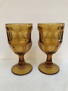 Vintage Amber Glass Thumbprint Pattern Water Wine Goblet 6 1/4" Tall - Picture 1 of 5