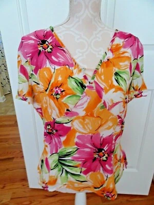 EMMA JAMES LADIES SIZE 12 MULTI COLOR FLORAL POLYESTER SHORT SLEEVE TOP/BLOUSE - Image 1 of 4
