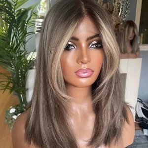 Pelucas delanteras de encaje cabello humano resaltado rubio oscuro con rubio ceniza 150 % para mujer - Imagen 1 de 7