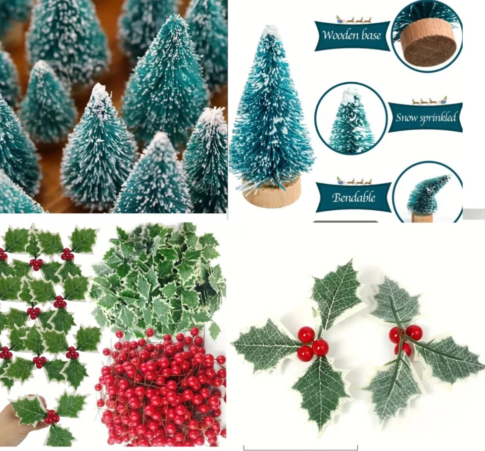 10x Miniature Christmas Tree with Wooden Base or Holly and Berries - Image 1 of 4