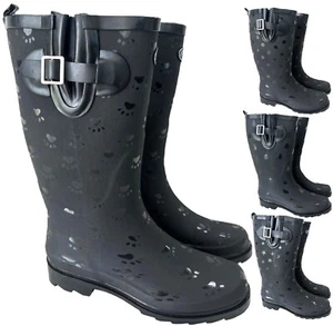 WOMENS LADIES BLACK WELLIES FESTIVAL RAIN WATERPROOF WELLINGTON BOOTS SHOES SZ - Picture 1 of 9