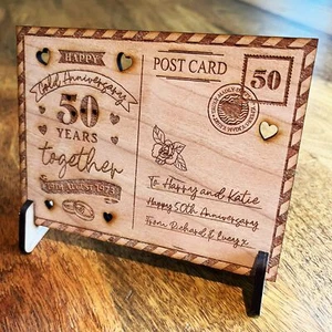 50th Wedding Anniversary 50 Years Gold Personalised Card Wooden Postcard Gift - Picture 1 of 1