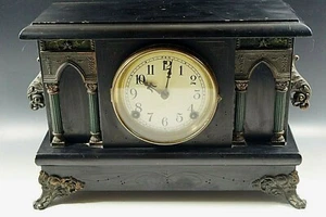 SESSIONS MANTEL CLOCK ANTIQUE FRONT METAL PILLARS ORNAMENTS BRASS FEET & HANDLES - Picture 1 of 10