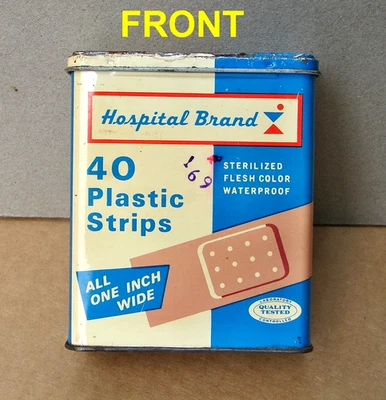 Hospital Brand Vintage Tin Metal Box - 40 Plastic Stips  band-aids - Image 1 of 4