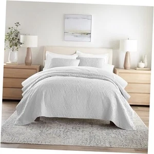 Quilt Coverlet Set All Season Microfiber Queen/Full Floral Stitch Light Gray - Picture 1 of 7