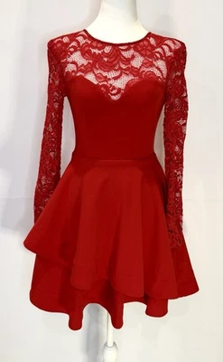 Womens Red Mini Dress Size 1/2 (XS) Lace Sleeves By B. Darlin - Image 1 of 4