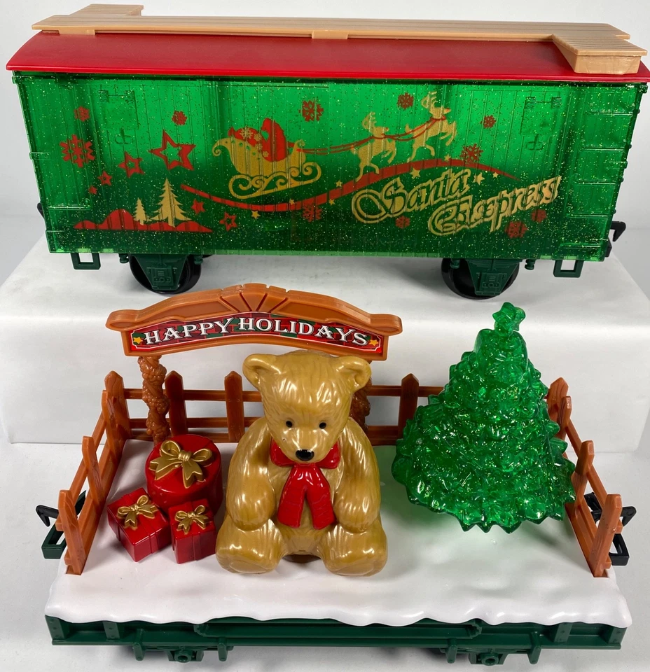 EZTEC CHRISTMAS SANTA EXPRESS TRAIN CAR TEDDY BEAR AND LIGHTED GREEN BOX CAR LOT - Image 1 of 4