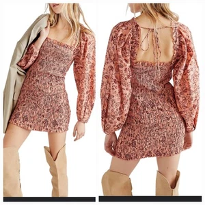 New Free People Smock It To Me Mini Dress Cotton Smocked Bishop Sleeves Apricot - Picture 1 of 15