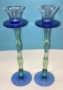 Pair of Elegant Hand Blown Art Glass Candle Holders - Picture 1 of 17