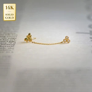 Aretes de cadena hexagonal abeja circonita cúbica de oro macizo real de 14K circonita cúbica lóbulo superior de la oreja - Imagen 1 de 5