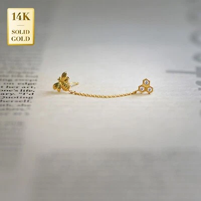 Brincos de corrente hexagonal de ouro maciço 14K REAL com zircônia cúbica CZ lóbulo superior da orelha - Imagem 1 de 4