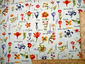 Floral Fabric By Yard Orange Purple Green Flowers & Names Premium Cotton Vtg #V - Picture 1 of 2