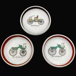 3 Vintage Porcelain Coaster Set Antique Motor Car Automobile Auto Trinket Dishes - Picture 1 of 10