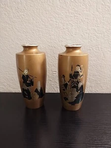 Vintage, Two Japanese Multi Metal Tones Vase Etched Engraved Fishermen Signaged - Picture 1 of 17