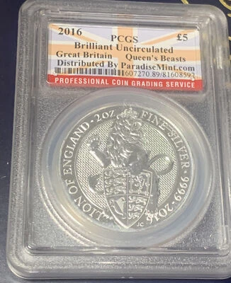 Gran Bretaña 2016 5 libras 2 OZ - Queen's Beast Lion of England - PCGS MS 69 Foto 1 de 4