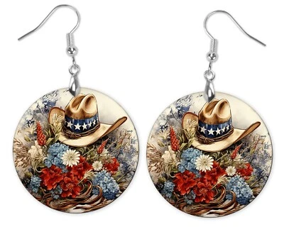 Pendientes colgantes redondos de madera estampados sombrero vaquero americano Foto 1 de 4