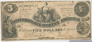 1861 $5 Five Dollars Confederate States Of America Note Currency T-36 - SR964 - Picture 1 of 2