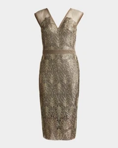 Nwt’s $418 Tadashi Shoji Sequined Lace Knee-Length Dress in Smoke Pearl Size 10 - Picture 1 of 8