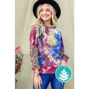 AND THE WHY TIE DYE LEOPARD LONG SLEEVE SWEATSHIRT SIZE SMALL-CUTE!!!-CLEARANCE! - Picture 1 of 6