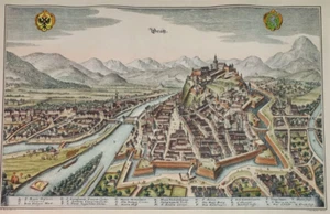 Graz Austria STAMPA M. Zeiller MAPPA veduta città metà 1600 acquarello Merian - Foto 1 di 19