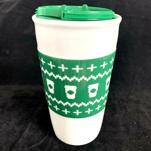Starbucks Travel Mug Sweater Tumbler Green Pixel Ceramic W/ Lid 10 oz Cup 2016 - Picture 1 of 7